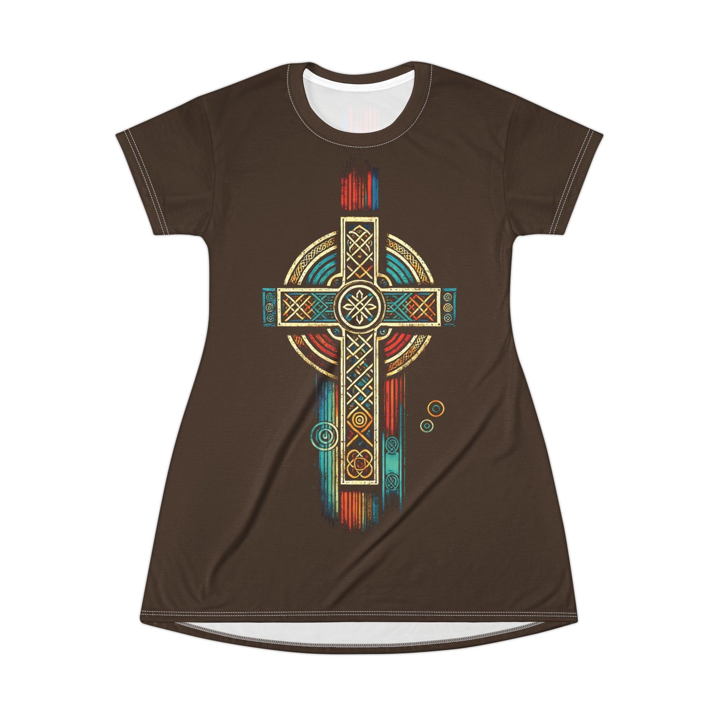 "Ancestral Faith", Wearable Art T-Shirt Dress (Dark Chocolate Brown)