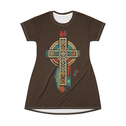 "Ancestral Faith", Wearable Art T-Shirt Dress (Dark Chocolate Brown)