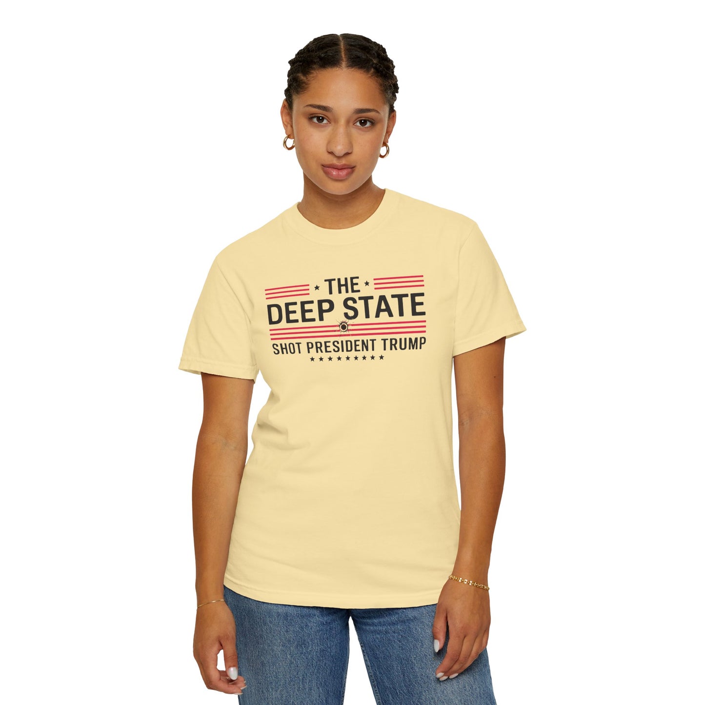 "The Deep State Shot President Trump" #02, Unisex White T-shirt