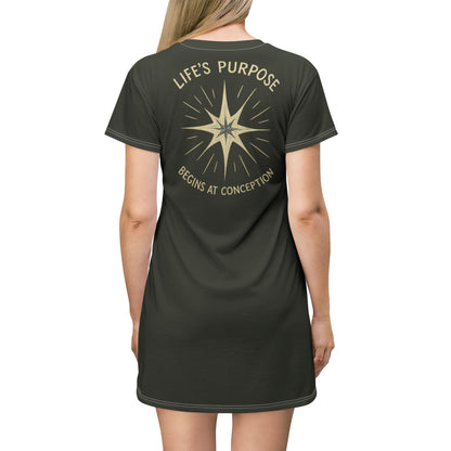 "Life's Purpose Begins at Conception #02", T-Shirt Dress (Rangitoto Green)