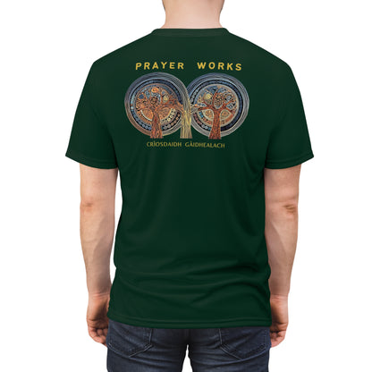 "Prayer Works – Gaelic Christian", Wearable Fine Art Unisex T-shirt (Deep Grove Green)