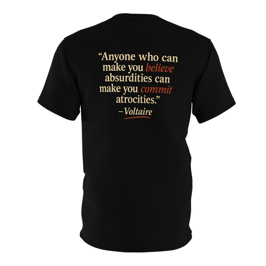 "Beware Woke - Voltaire", Wearable Art Unisex T-shirt (Black Leather)