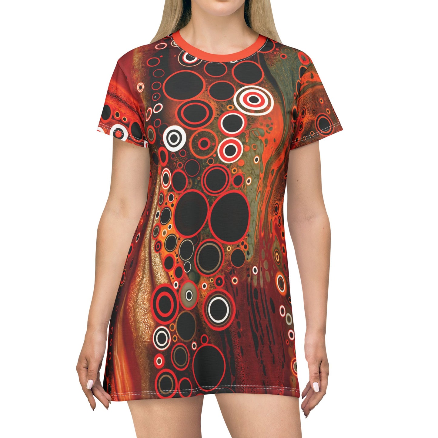 "Abstract #08", Wearable Fine Art T-Shirt Dress (Tangelo Orange Collar)