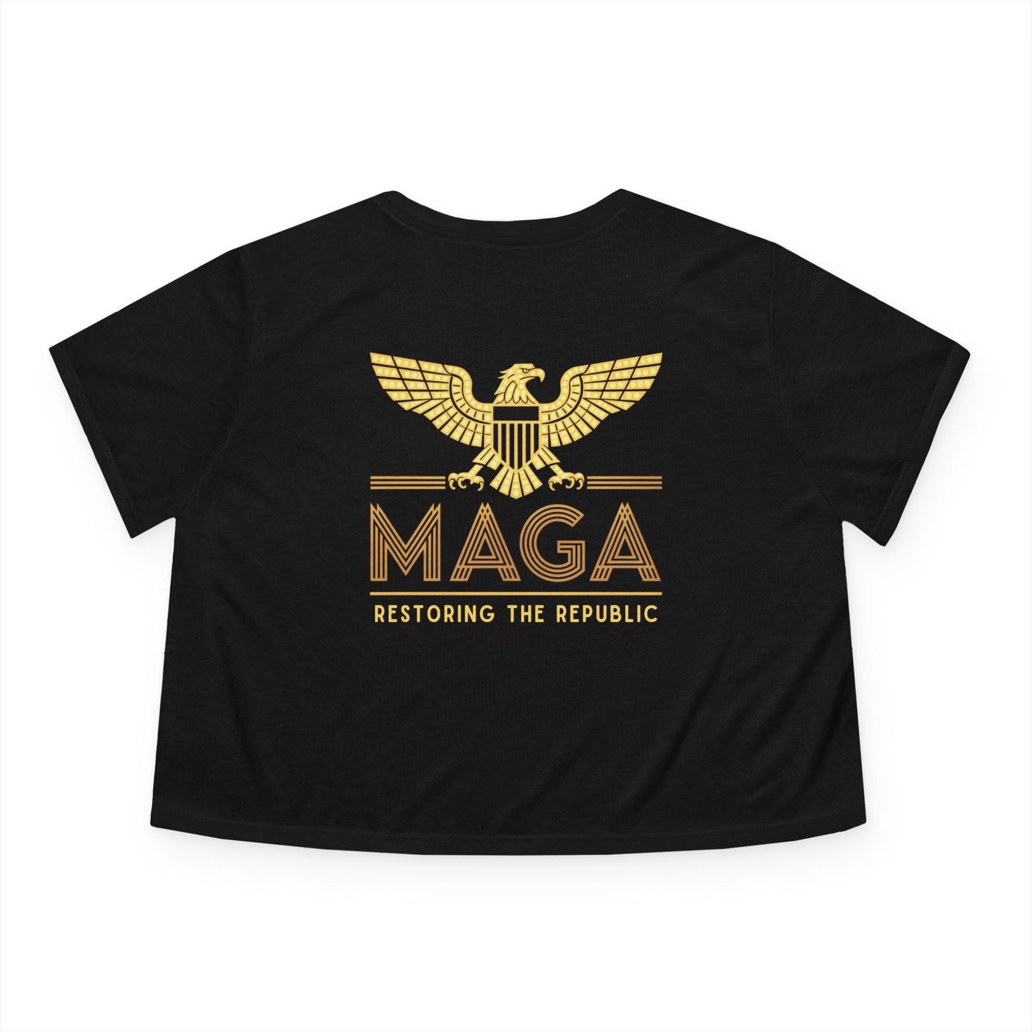 "MAGA - Restoring the Republic", Women's Flowy Cropped Tee (Black or Grey)