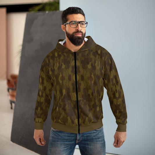 "Swamp Recon Camouflage", Unisex Wearable Art Zip Hoodie (Cattail Bronze Cuffs and Waist)