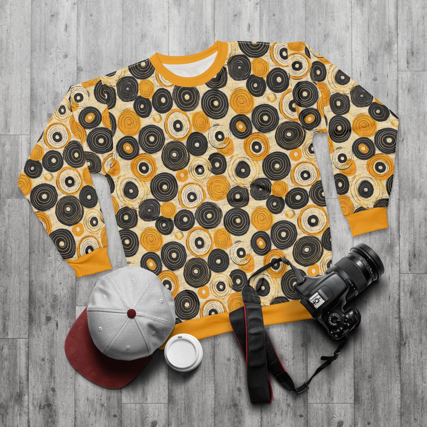 "Old 45's", Wearable Pattern Art Unisex Sweatshirt (Cyber Yellow Cuffs)