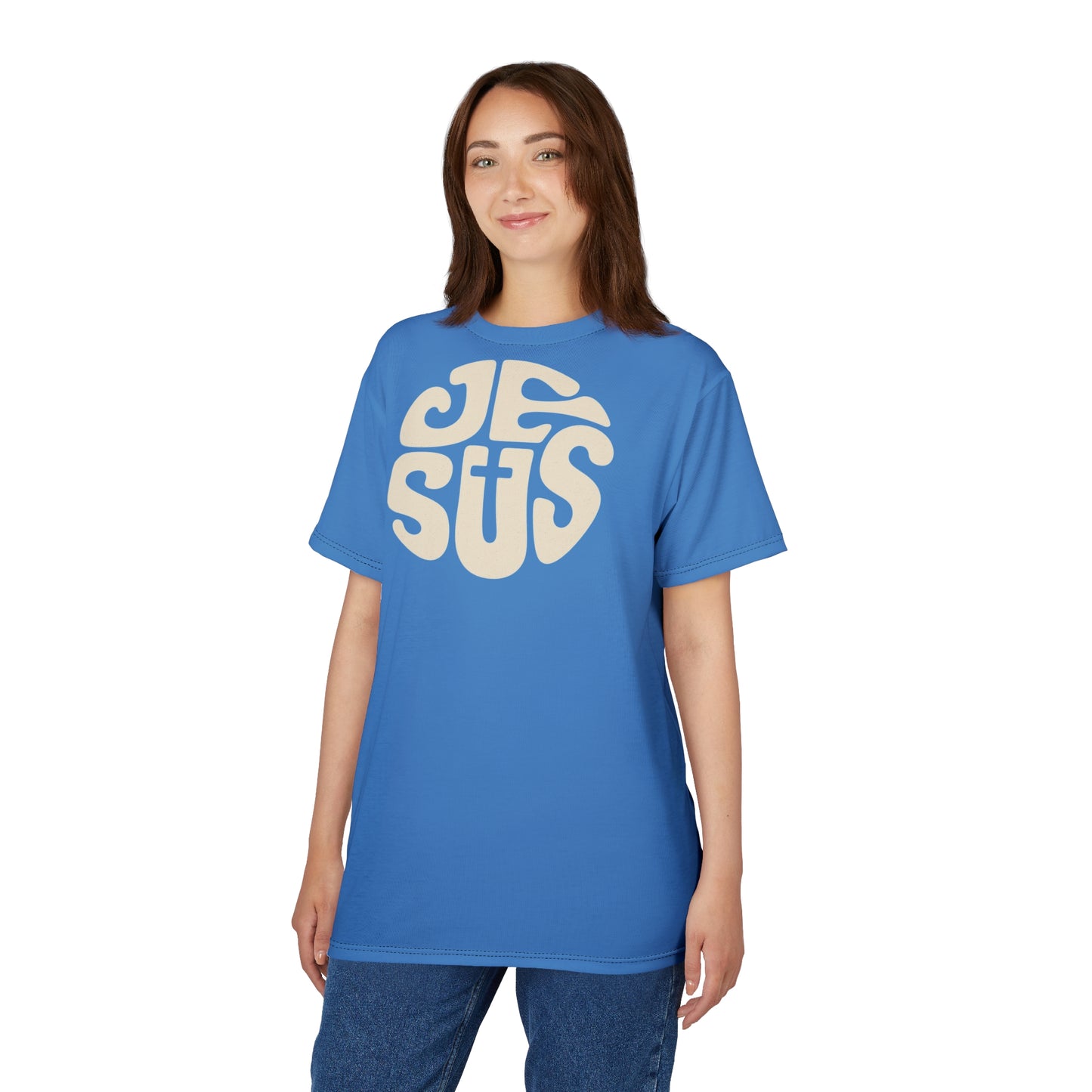 "Retro Jesus", Unisex T-shirt (Pop Cyan-Atlantic)