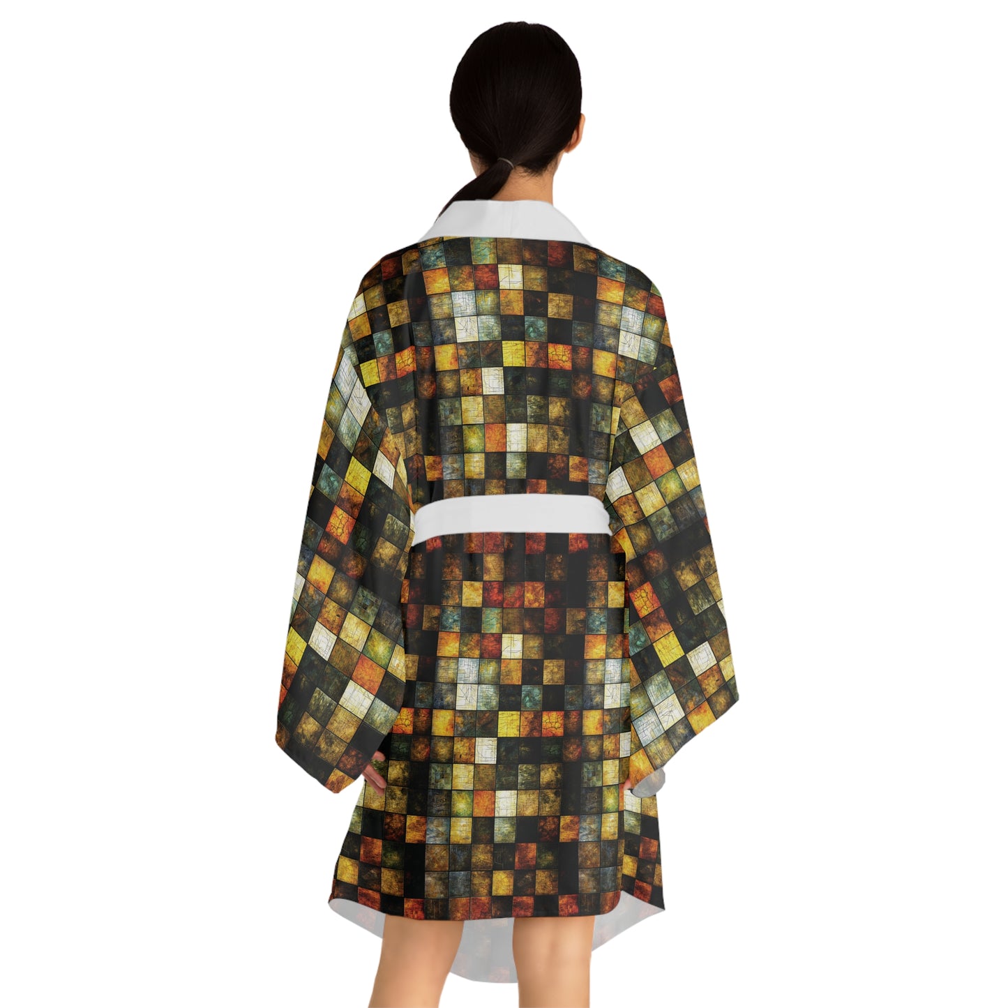 "Wood Block Pattern" #01, Long Sleeve Kimono Robe