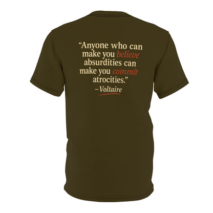 "Beware Woke - Voltaire", Wearable Art Unisex T-shirt (Camouflage Green)