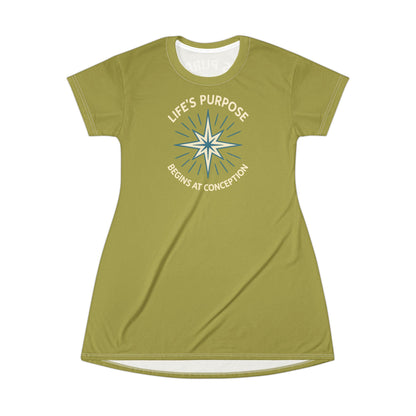 "Life's Purpose Begins at Conception #01", T-Shirt Dress (Lentil Sprout)