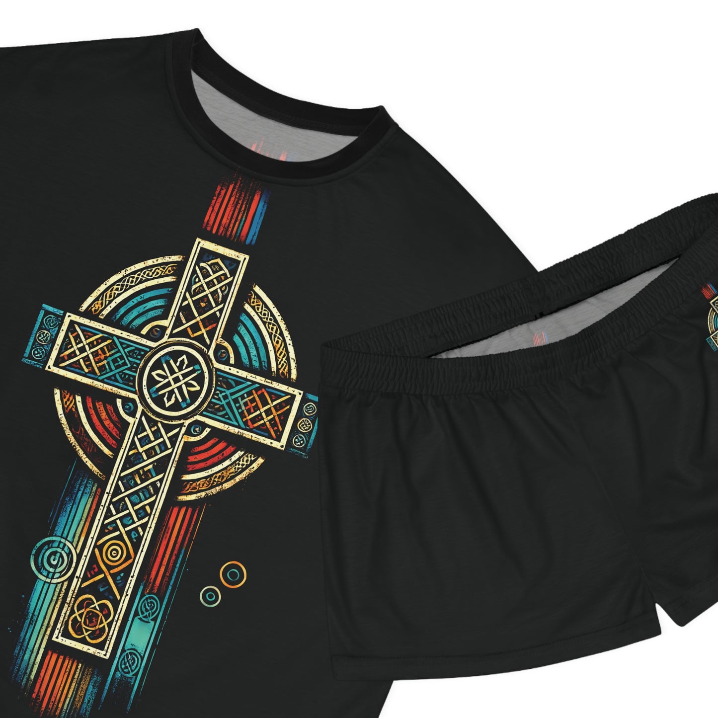 "Ancestral Faith", Wearable Art Women's Short Pajama Set (Black Collar)
