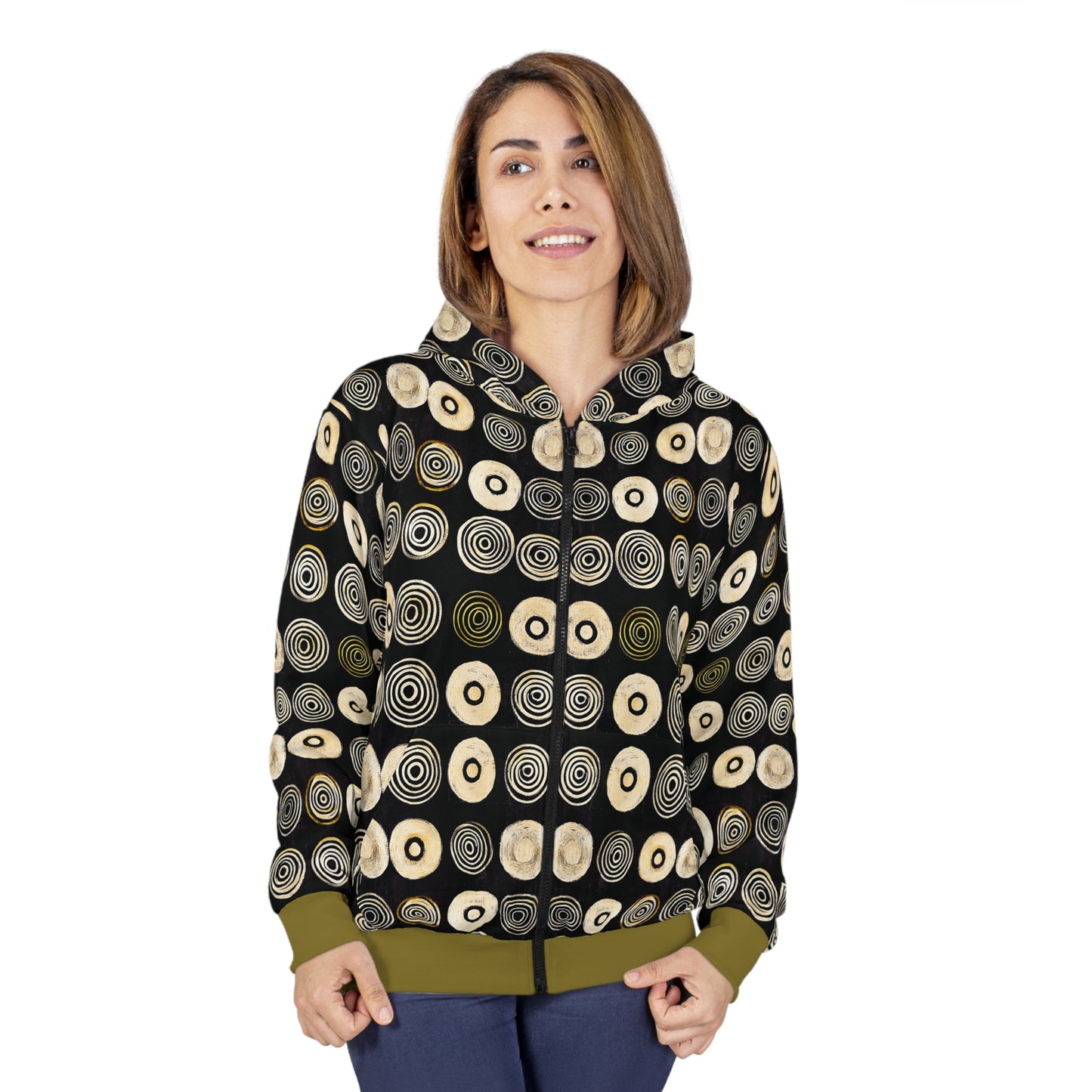 "Punk Polka", Wearable Pattern Art Unisex Zip Hoodie (Soft Fig Green Cuffs)