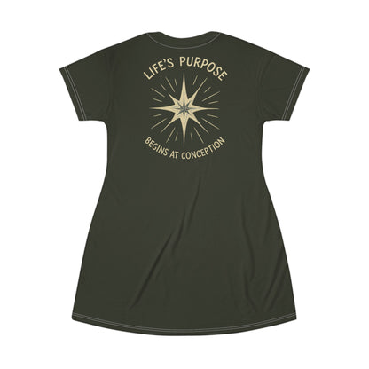 "Life's Purpose Begins at Conception #02", T-Shirt Dress (Rangitoto Green)