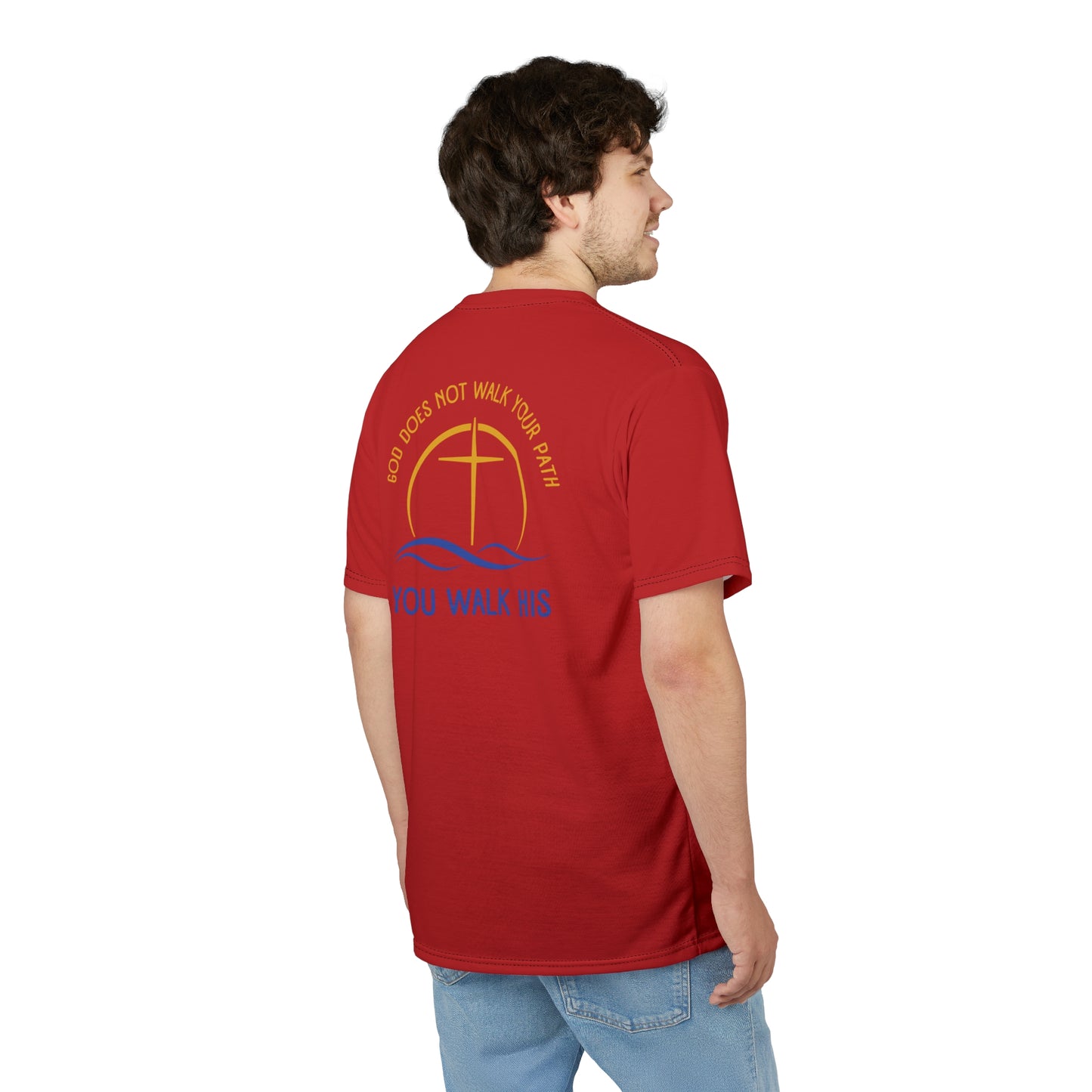 "God Does Not Walk Your Path", Unisex T-shirt (Light Cherry Red)