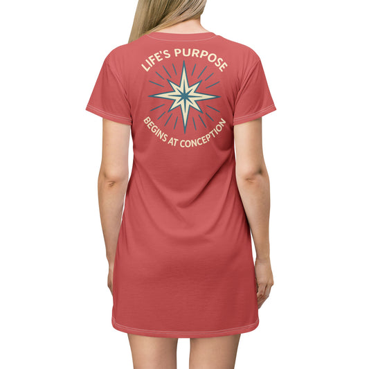 "Life's Purpose Begins at Conception #01", T-Shirt Dress (Faded Cherry)
