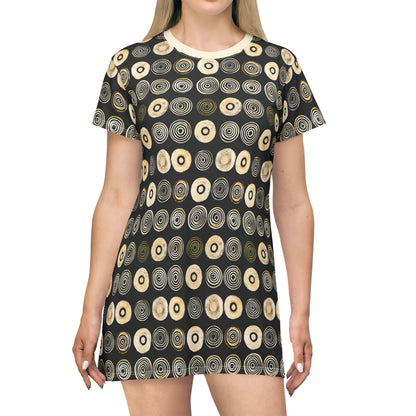 "Punk Polka", Wearable Pattern Art T-Shirt Dress (Iced Almond Collar)