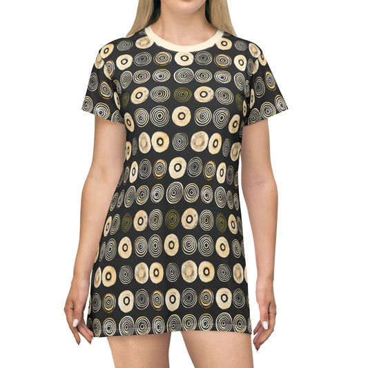 "Punk Polka", Wearable Pattern Art T-Shirt Dress (Iced Almond Collar)