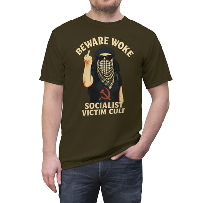 "Beware Woke - Voltaire", Wearable Art Unisex T-shirt (Olive Drab Brown)
