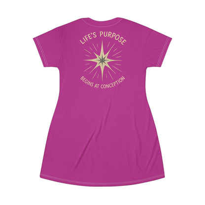 "Life's Purpose Begins at Conception #02", T-Shirt Dress (Prairie Foxglove)