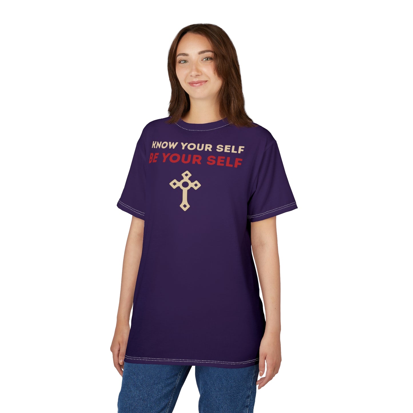 "Know Your Self", Unisex T-shirt (Russian Violet)