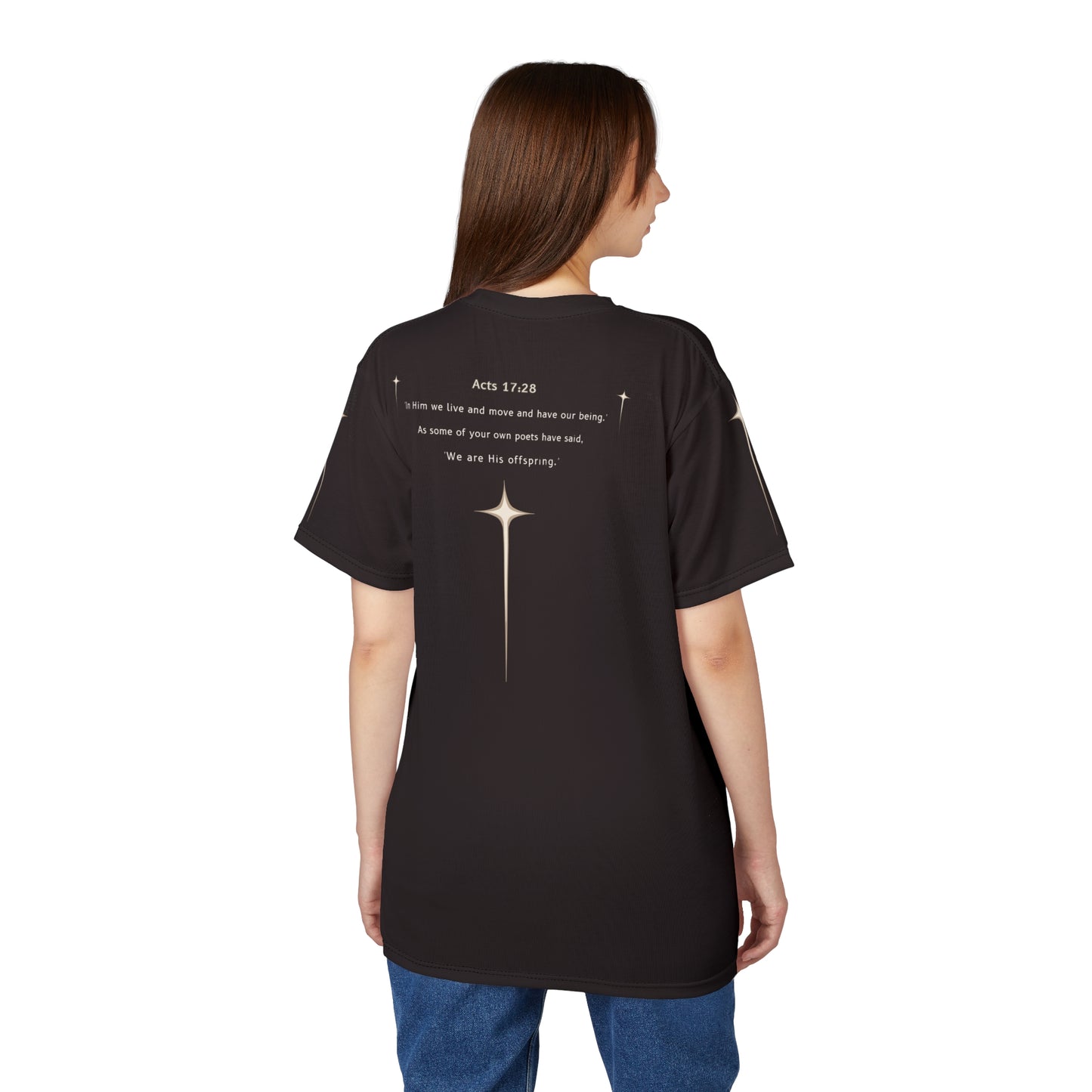 "Acts 17:28", Unisex T-shirt (Licorice Black)