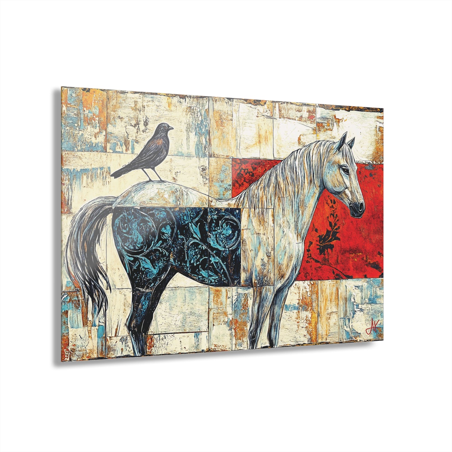 "Series: White Horse with Bird #01", Fine Art Acrylic Wall Prints (French Cleat Hanging)