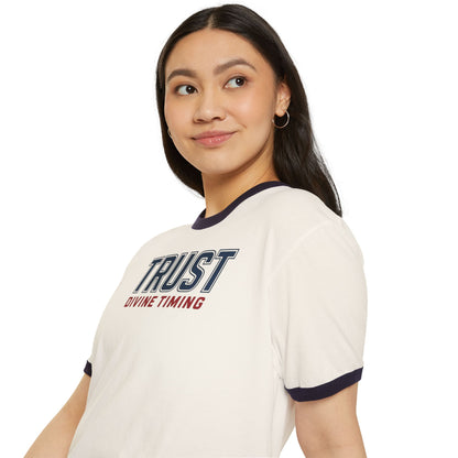 "Trust Divine Timing" #02, Unisex Cotton Ringer T-Shirt