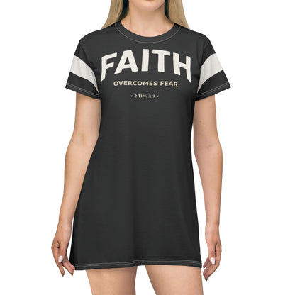 "Faith Overcomes Fear", T-Shirt Dress (Moonless Black)