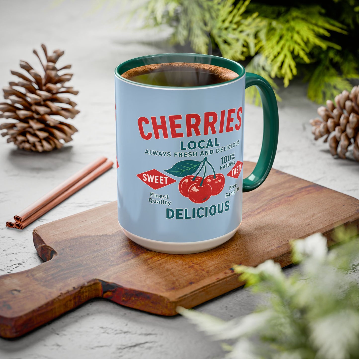 "Delicious Cherries", Colorful Mugs (11oz, 15oz) (Retro Sky)