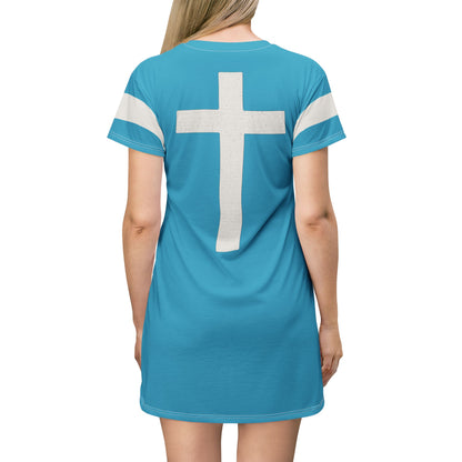 "Faith Overcomes Fear", T-Shirt Dress (Minoan Blue)
