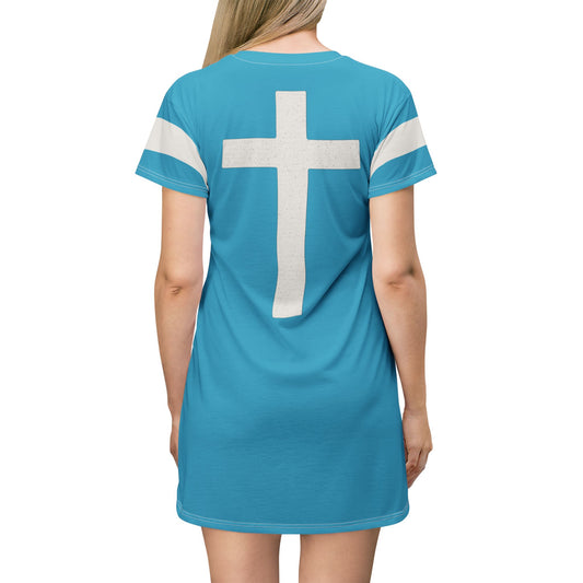 "Faith Overcomes Fear", T-Shirt Dress (Minoan Blue)