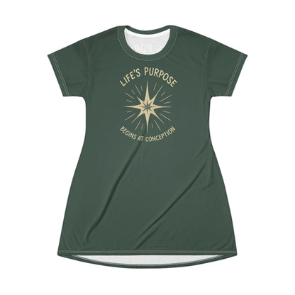 "Life's Purpose Begins at Conception #02", T-Shirt Dress (Old Growth Green)