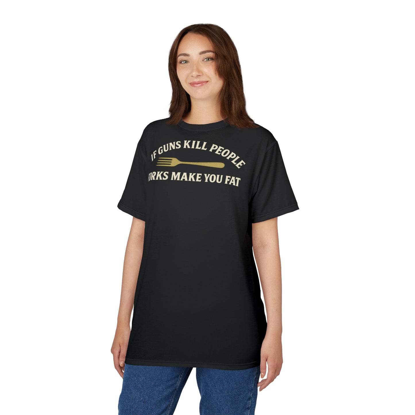 ''Forks Make You Fat", Unisex T-shirt (Kilmor Black)
