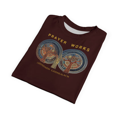 "Prayer Works – Gaelic Christian", Wearable Fine Art Unisex T-shirt (Mahogany)