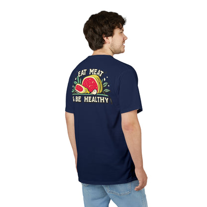 "Eat Meat & Be Healthy", Unisex T-shirt (Deep Ocean Blue)