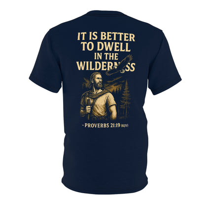 "Proverbs 21:19 (KJV)", Wearable Art Unisex T-shirt (Dark Cambridge Blue)