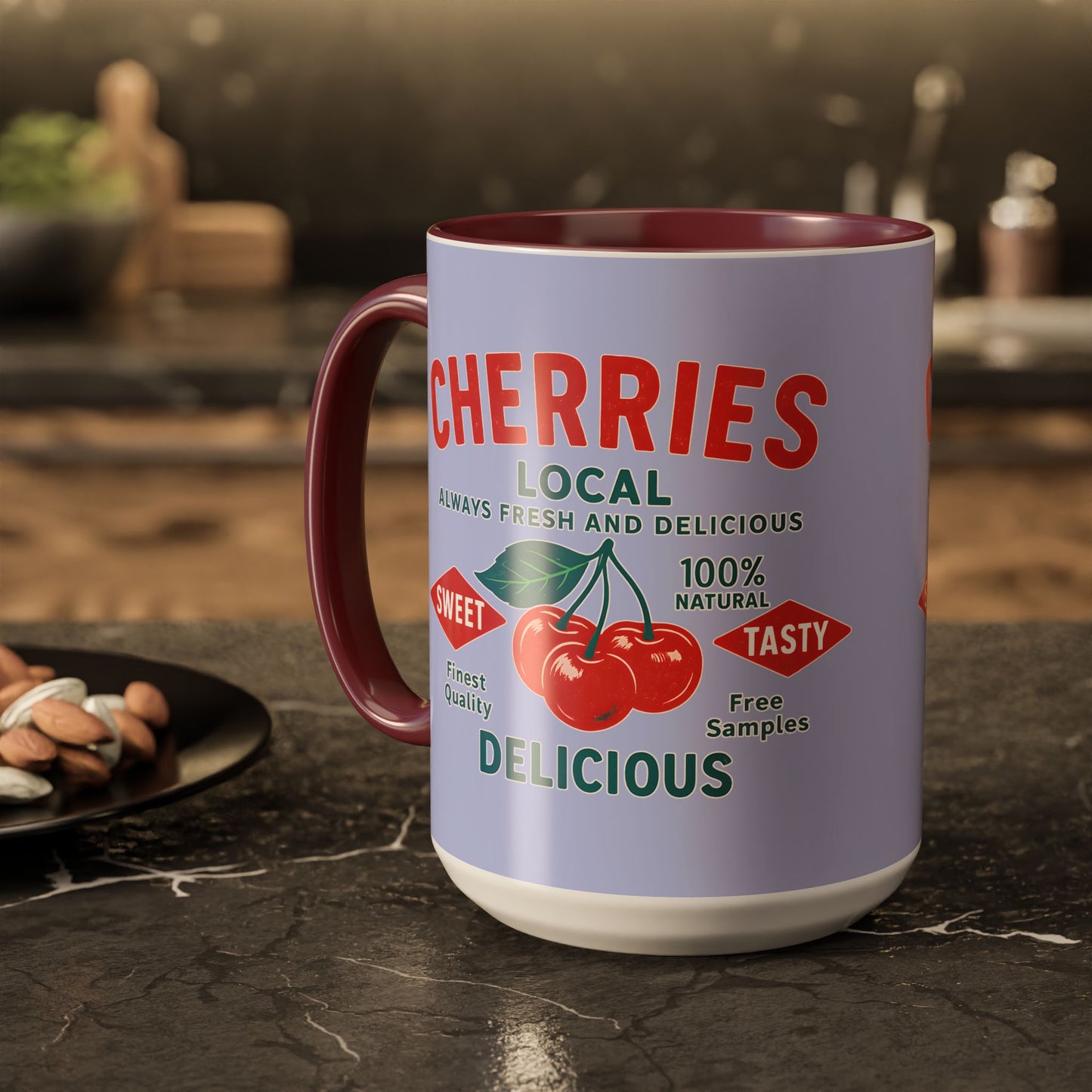 "Delicious Cherries", Colorful Mugs (11oz, 15oz) (Retro Periwinkle)