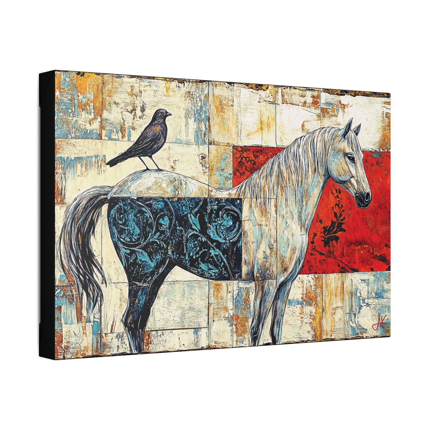 "Series: White Horse with Bird #01", Stretched Classic Canvas Fine Art Print