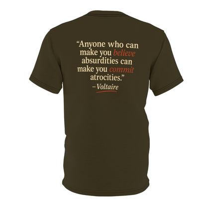 "Beware Woke - Voltaire", Wearable Art Unisex T-shirt (Olive Drab Brown)