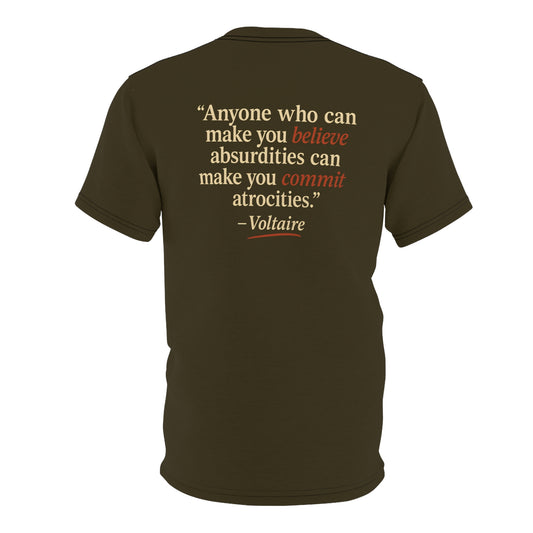 "Beware Woke - Voltaire", Wearable Art Unisex T-shirt (Olive Drab Brown)