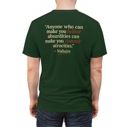 "Beware Woke - Voltaire", Wearable Art Unisex T-shirt (Mireleaf Green)