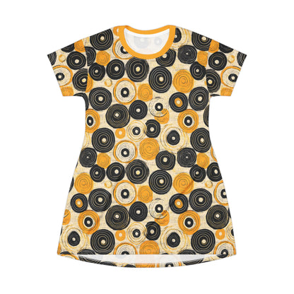 "Old 45's", Wearable Pattern Art T-Shirt Dress (Cyber Yellow Collar)