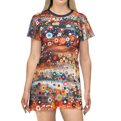 "Raining Flowers", Wearable Fine Art T-Shirt Dress (Blackstone Blue)