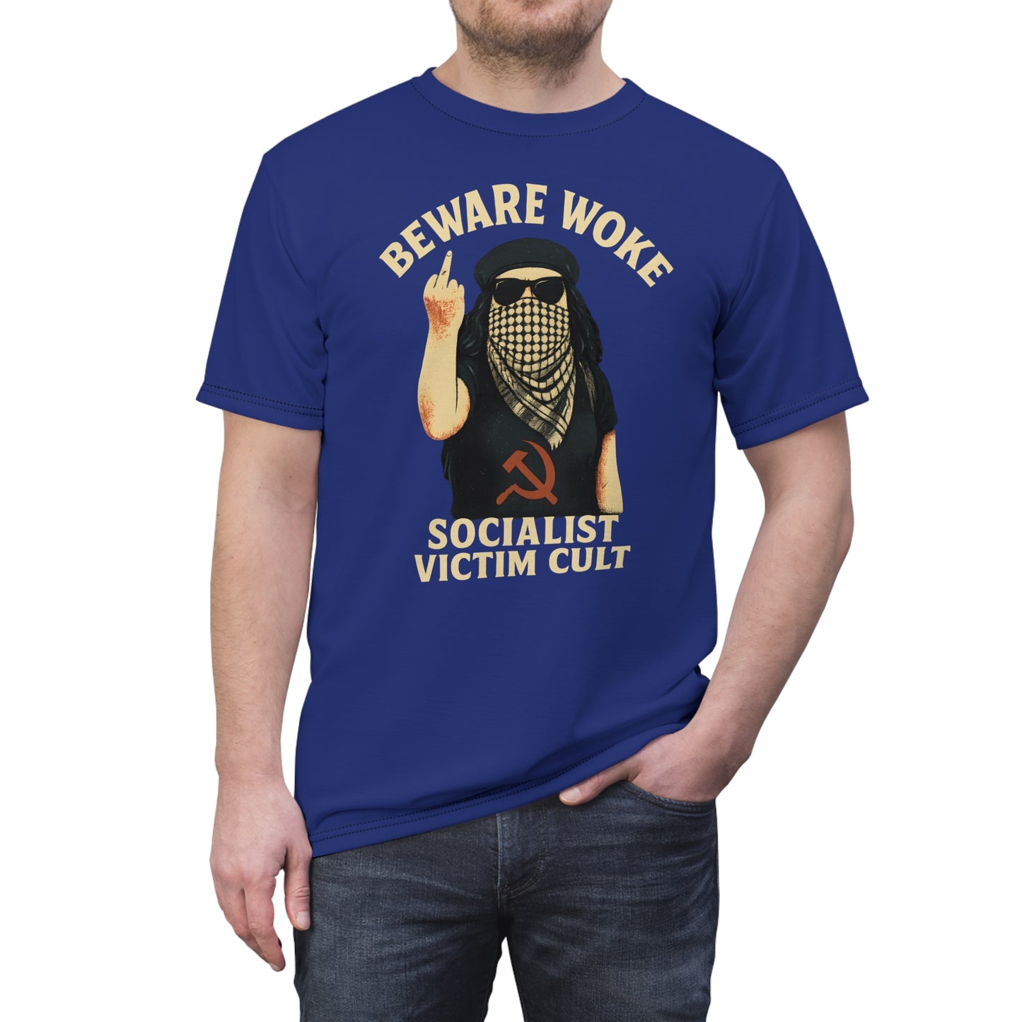 "Beware Woke - Voltaire", Wearable Art Unisex T-shirt (Twilight Blue)