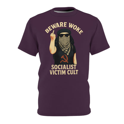 "Beware Woke - Voltaire", Wearable Art Unisex T-shirt (Blackberry Wine)