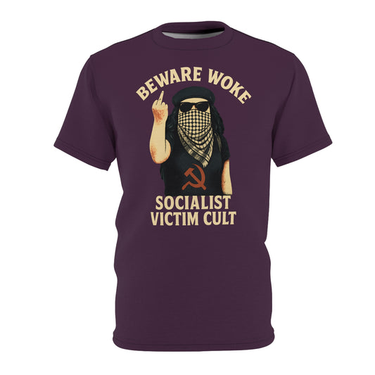 "Beware Woke - Voltaire", Wearable Art Unisex T-shirt (Blackberry Wine)