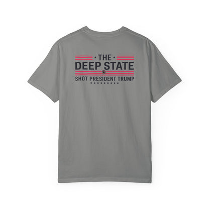 "The Deep State Shot President Trump" #02, Unisex White T-shirt