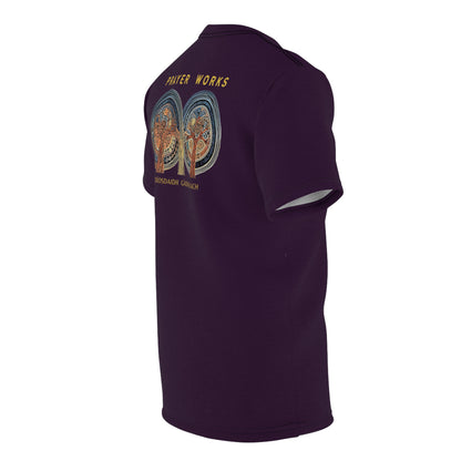 "Prayer Works – Gaelic Christian", Wearable Fine Art Unisex T-shirt (Dark Bramble)