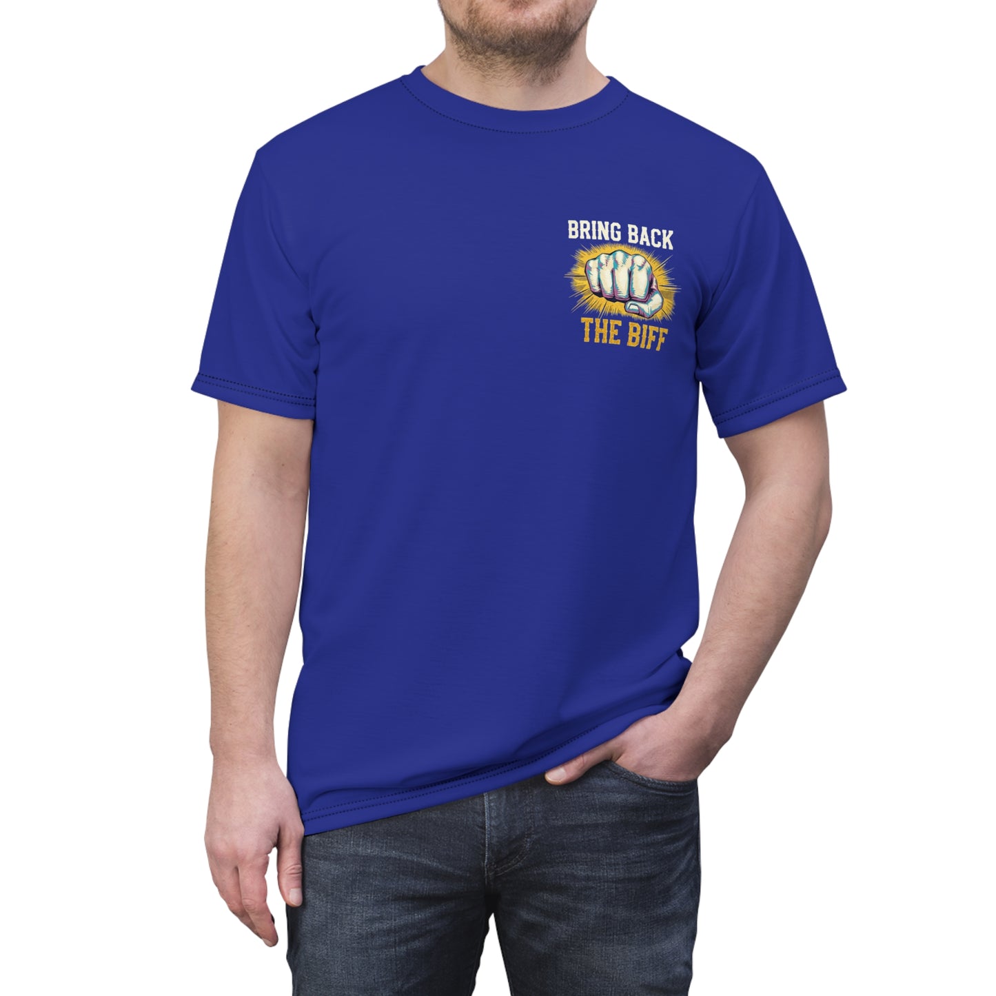 "Bring Back The Biff", Unisex T-shirt (Cobalt Ore Blue)