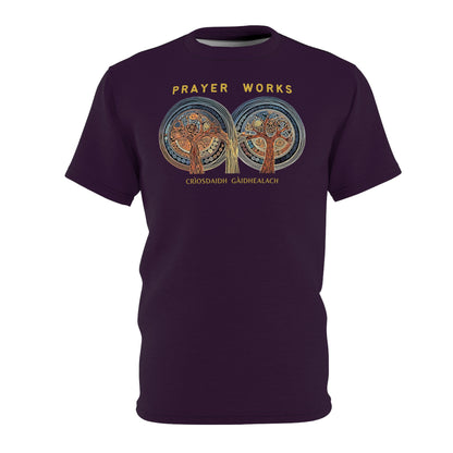 "Prayer Works – Gaelic Christian", Wearable Fine Art Unisex T-shirt (Dark Bramble)